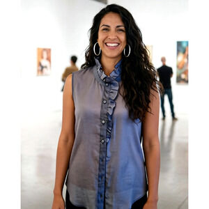 CABI 4555 Sheer Button-Up Blouse Tank COIN TOP GRAY Ruffle Trim HIGH NECK sz L